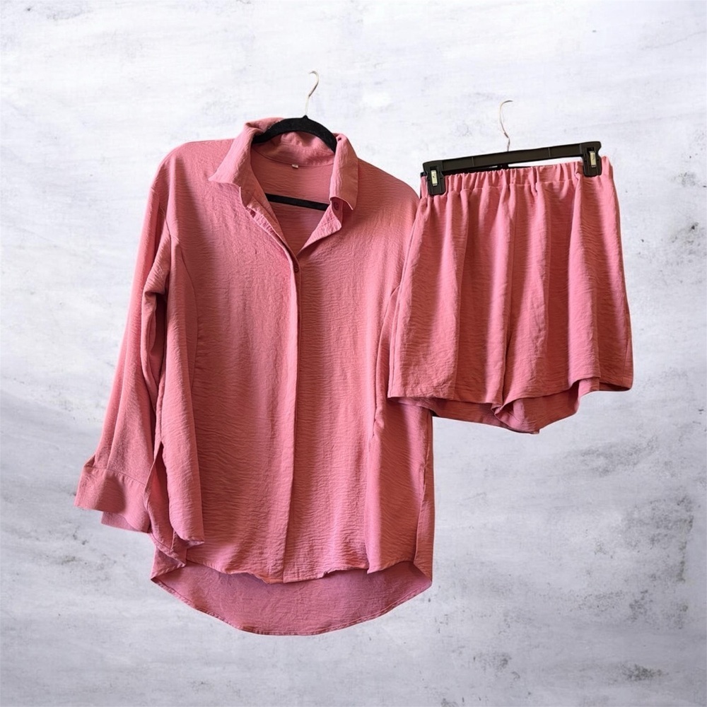 Women’s Relaxed Button-Down & Elastic Waist Shorts Set - Pink